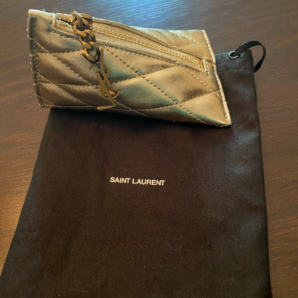 Saint Laurent Berlingo YSL Quilted Metallic Gold Leather Bag Charm Coin Purse